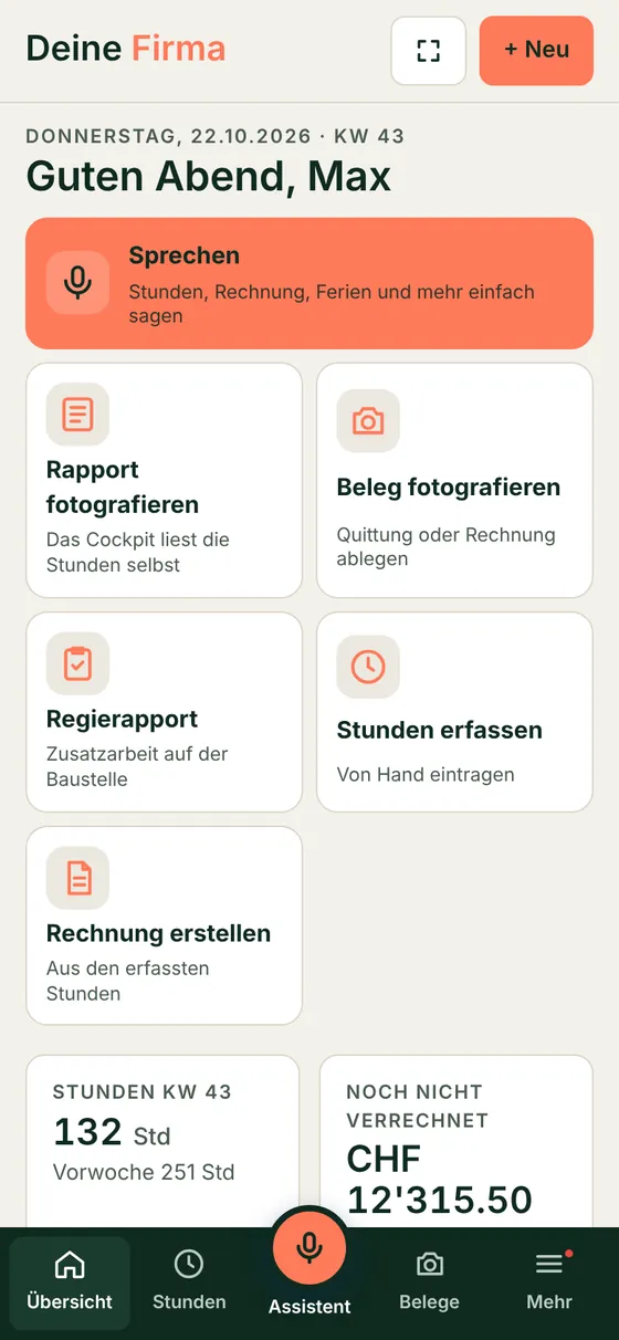 Cremio am Handy: Übersicht mit den Knöpfen Sprechen, Rapport fotografieren und Beleg fotografieren. Demo mit erfundenen Daten.