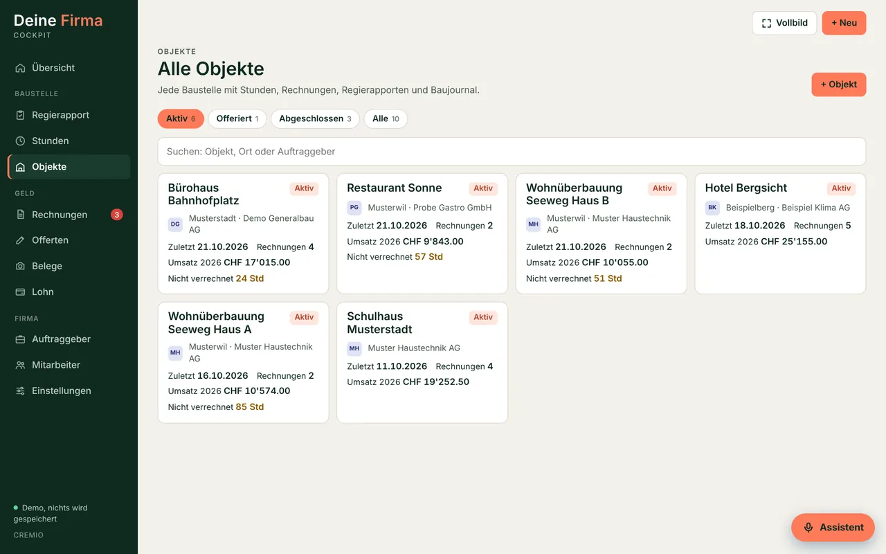 Objekte mit Stunden, Rechnungen und Umsatz im Cremio Cockpit, Demo mit erfundenen Daten
